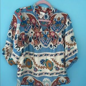 NWT- Umgee- Blue and Brown Graphic Ruffled Blouse